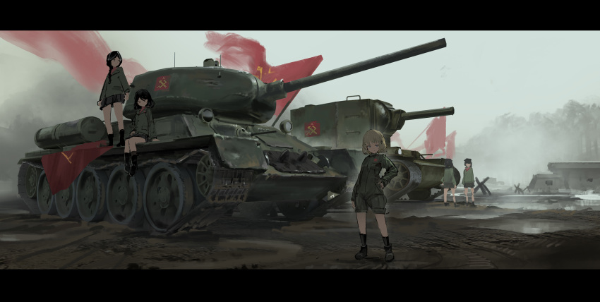 5girls, black_hair, black_legwear, blonde_hair, blush, boots, girls_und_panzer, ground_vehicle