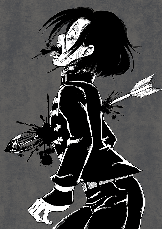 1boy, arrow, blood, blood_from_mouth, from_side, gakuran, hazamada_toshikazu, impaled, jojo_no_kimyou_na_bouken, male_focus, monochrome, open_mouth, school_uniform, solo, sweat, tongue, tongue_out, zel