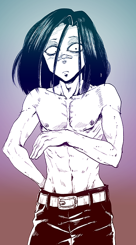 1boy, abs, arm_behind_back, bandaid, bandaid_on_nose, collarbone, cowboy_shot, frown