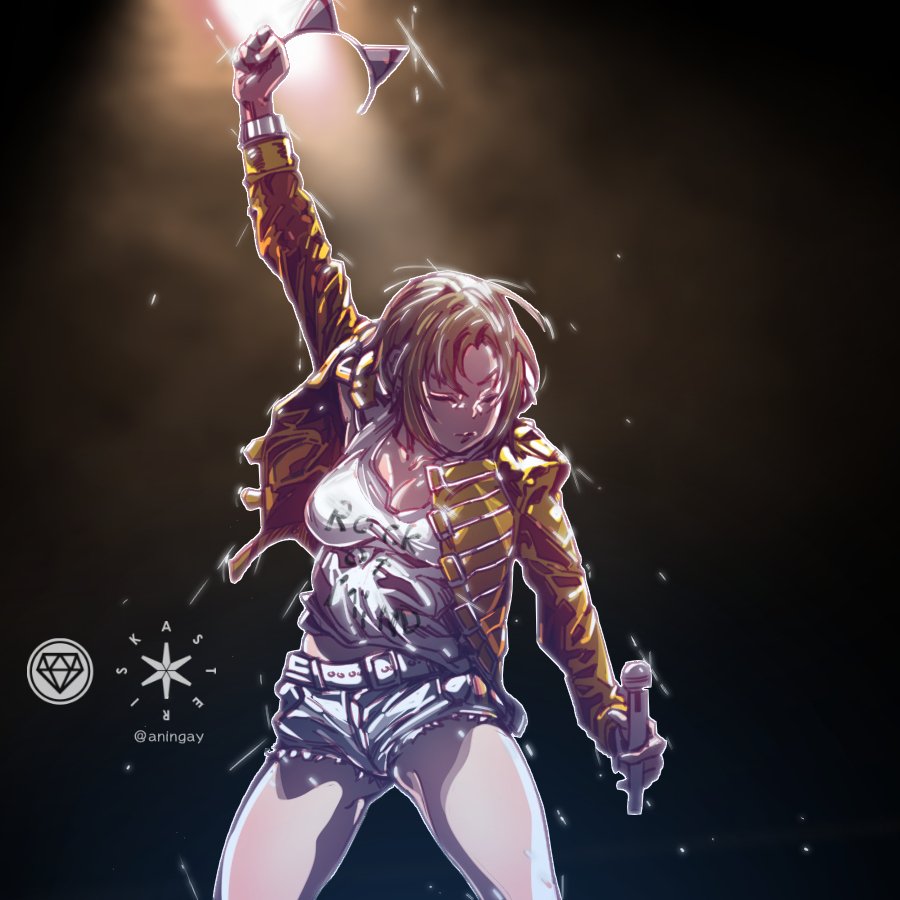 1girl, animal_ears, aningay, arm_up, backlighting, belt, blue_shorts, breasts