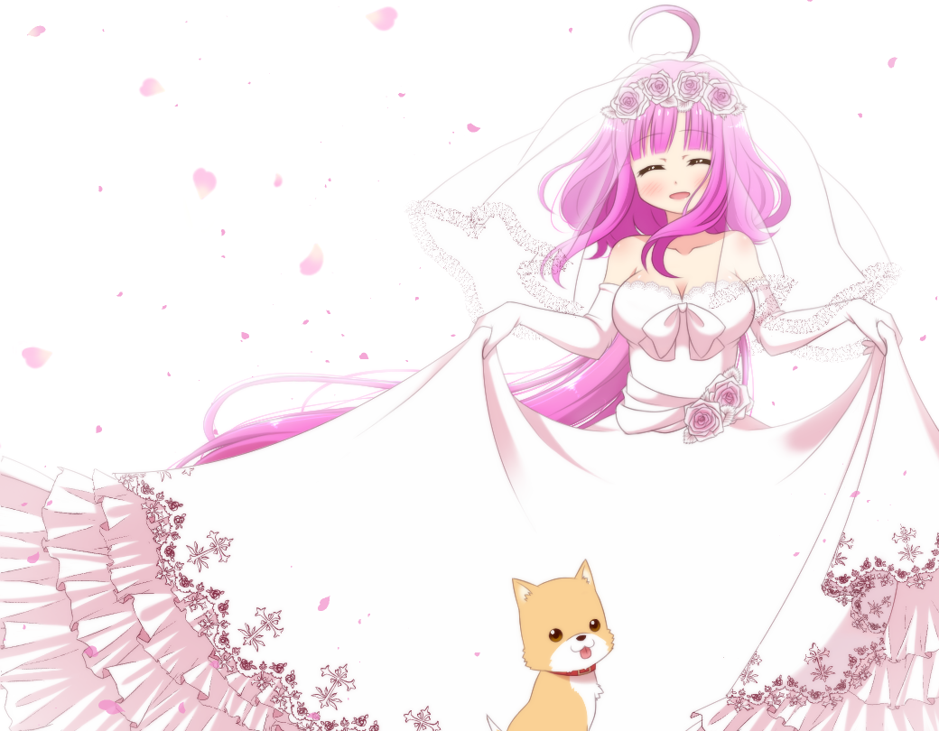 1girl, ahoge, bride, dress, gakkou_gurashi!, hair_ornament, hairclip, long_hair