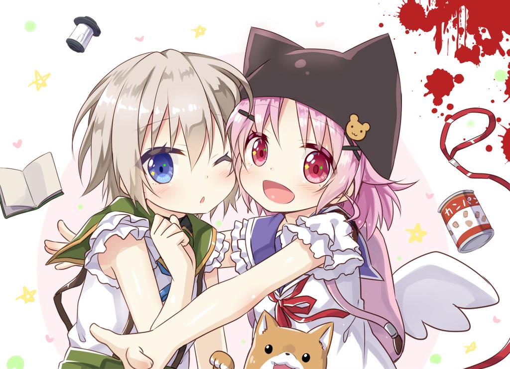 :d, blonde_hair, blue_eyes, brown_hair, gakkou_gurashi!, hair_ornament, hairclip, hat