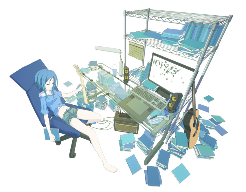 barefoot, blue_hair, closed_eyes, computer, guitar, instrument, original, r.s.r.