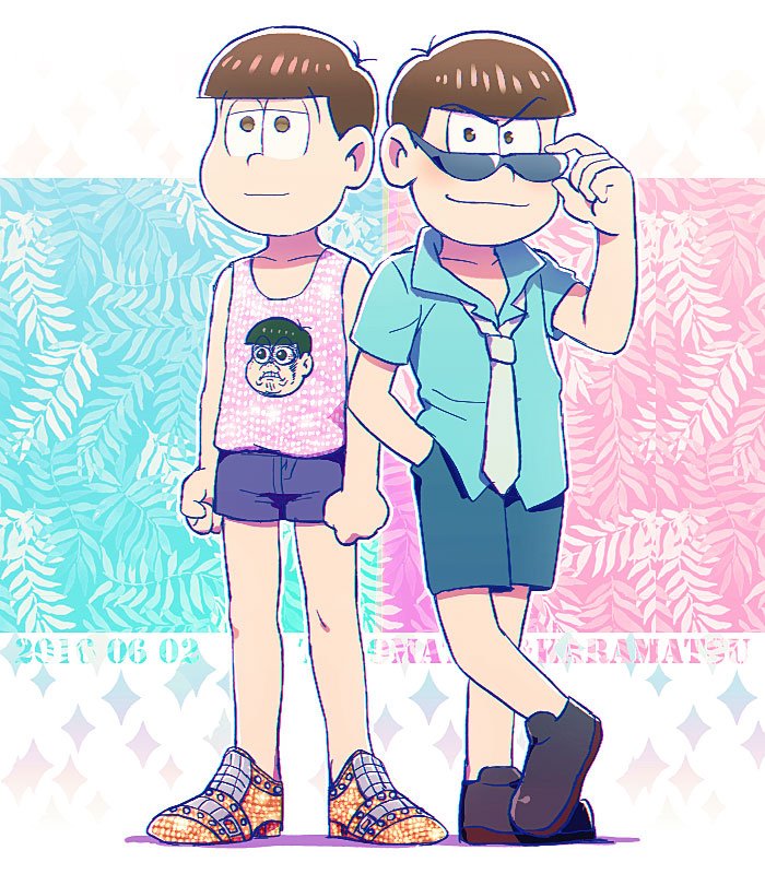2boys, blue_necktie, brown_eyes, brown_hair, character_name, cosplay, costume_switch, dated