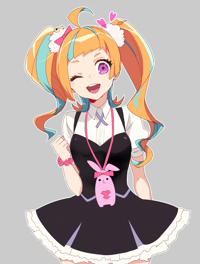 1girl, ;d, ahoge, aqua_hair, asymmetrical_hair, bow, bracelet, breasts