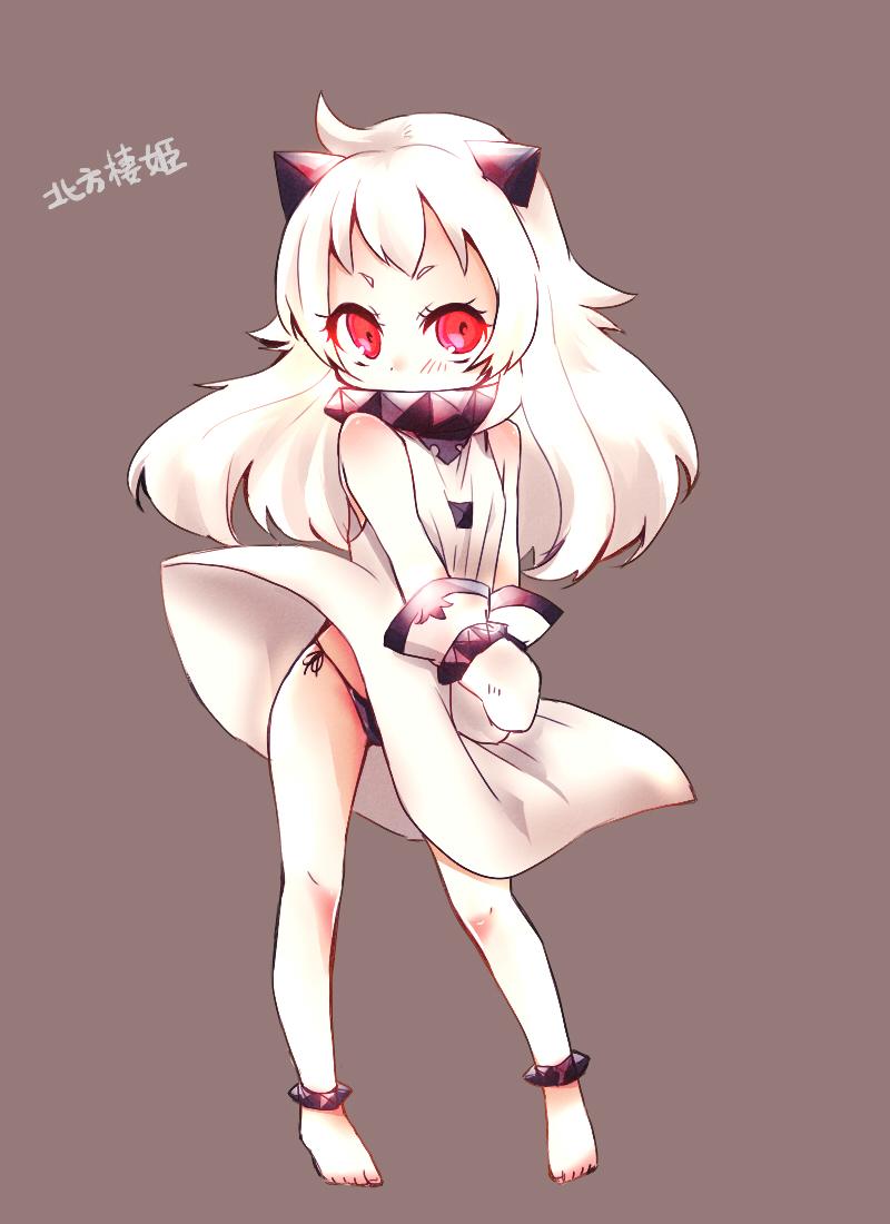 1girl, ahoge, anklet, barefoot, black_panties, horns, jewelry, kantai_collection