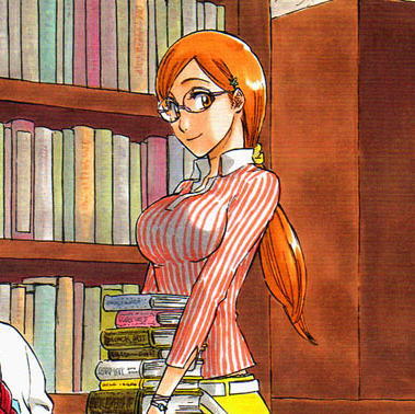 bleach, book, bookshelf, breasts, brown_eyes, closed_mouth, glasses, grey_eyes