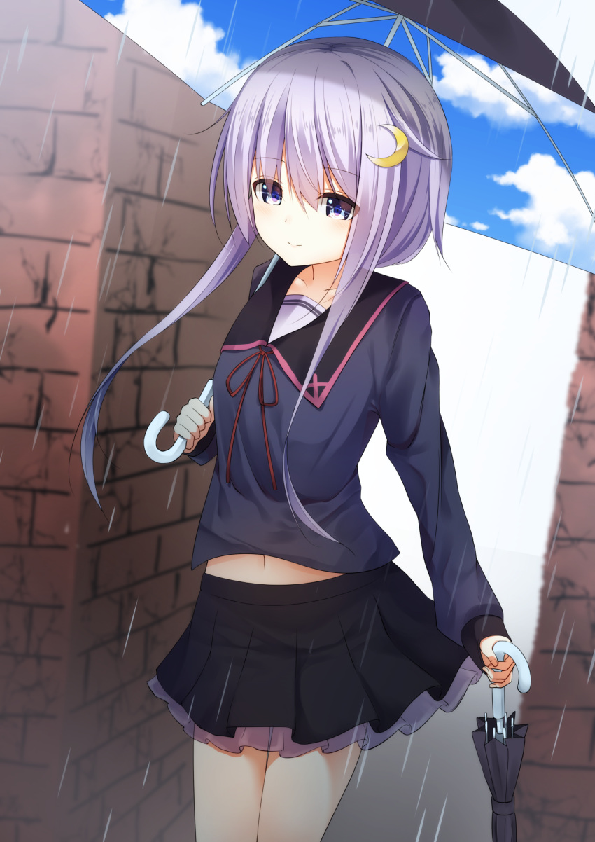 1girl, blue_eyes, commentary_request, crescent, crescent_hair_ornament, hair_ornament, highres, holding
