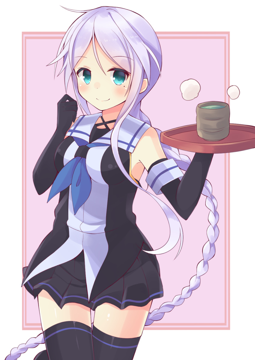1girl, black_legwear, blue_eyes, braid, commentary_request, cup, elbow_gloves, eyebrows