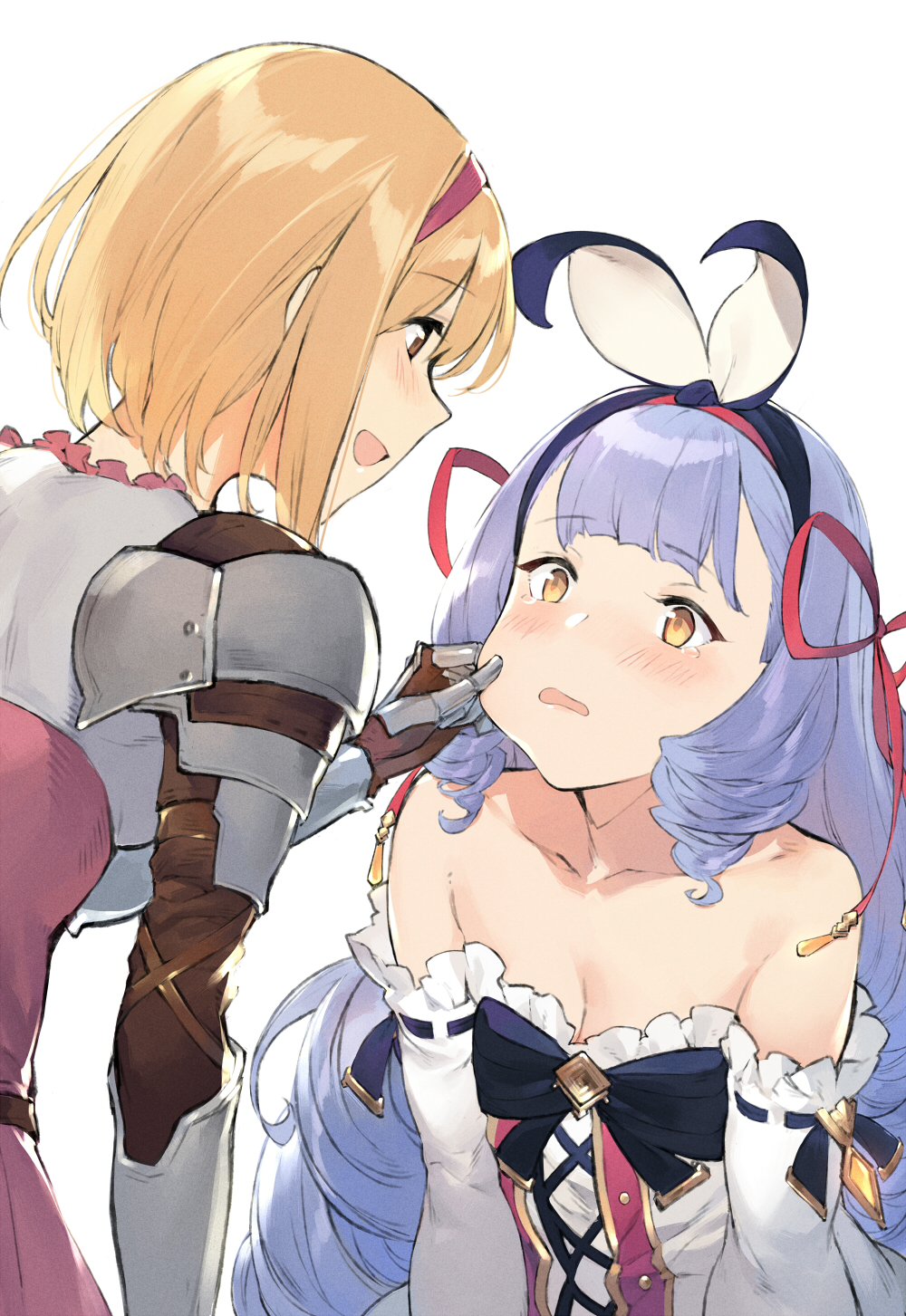 blonde_hair, brown_eyes, cheek_pinching, djeeta_(granblue_fantasy), duoyuanjun, fighter_(granblue_fantasy), gauntlets, granblue_fantasy
