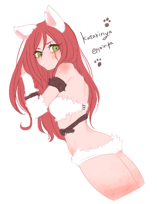 1girl, animal_ears, ass, back, bare_back, bare_shoulders, belt, blush, breasts, cat_ears, cowboy_shot, green_eyes, hair_between_eyes, hand_in_hair, katarina_du_couteau, kitty_cat_katarina, league_of_legends, long_hair, looking_down, otani_(kota12ro08), paw_print, pun, redhead, scar, simple_background, solo, strapless, thighs, twitter_username