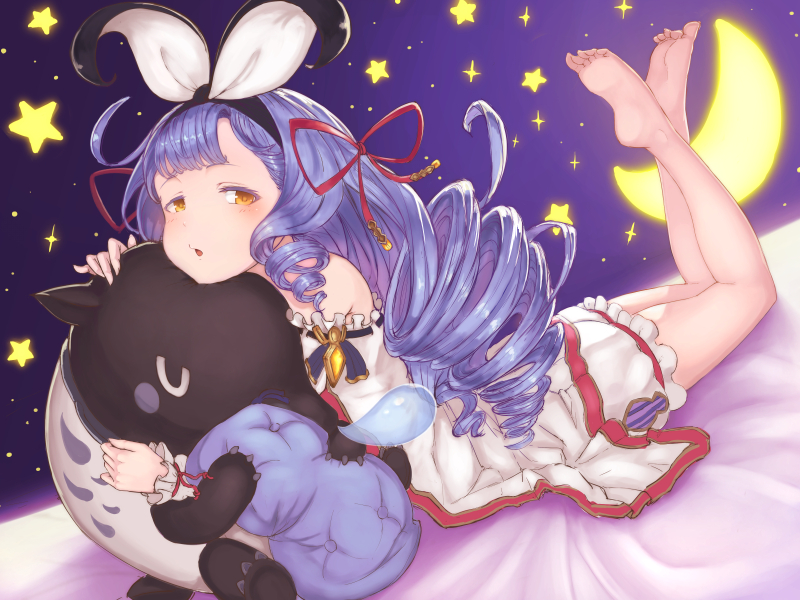 1girl, :o, bare_shoulders, barefoot, blue_hair, blush, crescent_moon, drill_hair