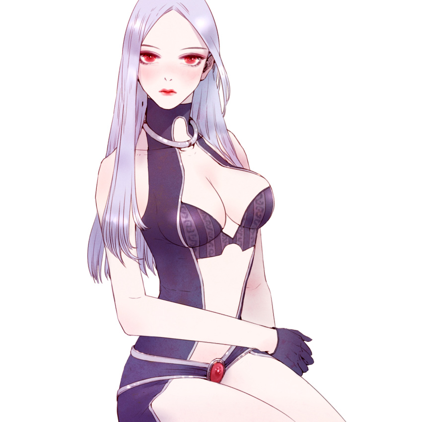 1girl, alternate_costume, bare_shoulders, blush, breasts, cleavage, collarbone, cowboy_shot, expressionless, gem, gloves, heather37, highres, irelia, jewelry, large_breasts, league_of_legends, legs_together, lips, lipstick, long_hair, looking_at_viewer, makeup, neck_ring, nightblade_irelia, purple_hair, red_eyes, sitting, solo, thighs