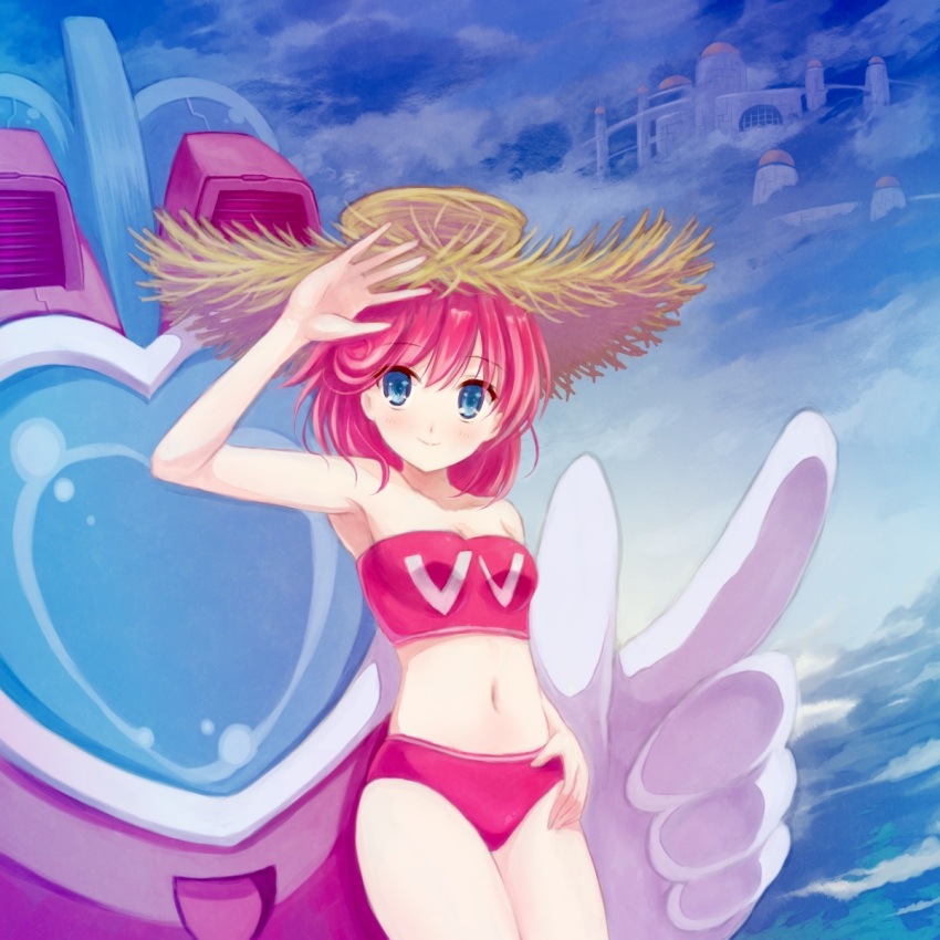 1girl, bikini, blue_eyes, hat, highres, navel, pastel_(twinbee), redhead