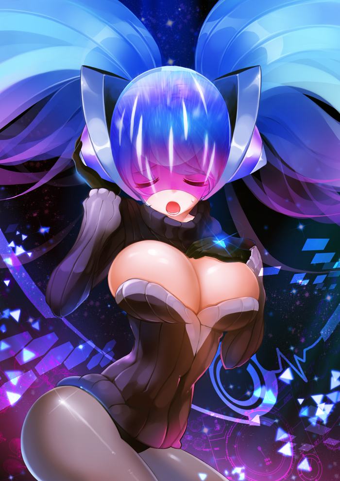 1girl, alternate_costume, bangs, black_gloves, blue_hair, breasts, cleavage, closed_eyes