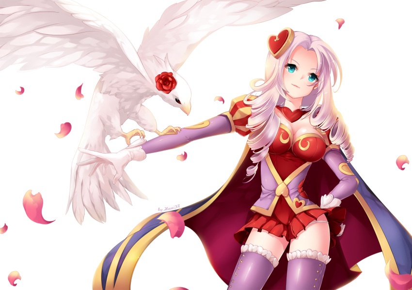 1girl, ashe_(league_of_legends), bangs, bird, bird_on_arm, breasts, cape, cowboy_shot