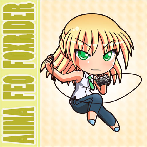 1girl, aiina_foxrider, bare_arms, blonde_hair, character_name, chibi, denim, green_eyes, jeans, long_hair, looking_at_viewer, lowres, machinery, original, pants, rakurakutei_ramen, shirt, sleeveless, sleeveless_shirt, smirk, solo
