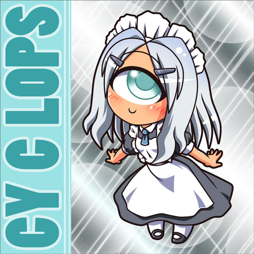 1girl, apron, black_dress, character_name, chibi, cuey_c_lops, cyclops, dress, grey_eyes, hair_ornament, hairclip, looking_at_viewer, lowres, maid, maid_apron, maid_headdress, one-eyed, original, puffy_short_sleeves, puffy_sleeves, rakurakutei_ramen, short_sleeves, silver_hair, smile, solo