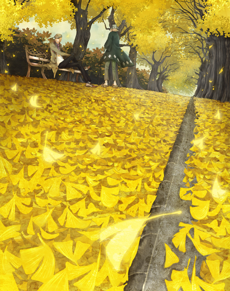 2boys, ai_(ai1470), autumn, autumn_leaves, back, bench, black_pants, bleach