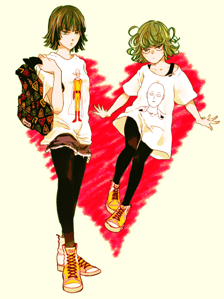 >:o, 2girls, :o, backpack, bag, bangs, beige_background, black_hair, black_legwear, breasts, character_print, cross-laced_footwear, flat_chest, flipped_hair, floating, fubuki_(one-punch_man), full_body, green_eyes, green_hair, heart, legwear_under_shorts, looking_at_viewer, mochishio, multiple_girls, off_shoulder, one-punch_man, pantyhose, print_shirt, saitama_(one-punch_man), shirt, shoes, short_hair, short_sleeves, shorts, siblings, sisters, sneakers, spread_fingers, standing, t-shirt, tatsumaki, undershirt