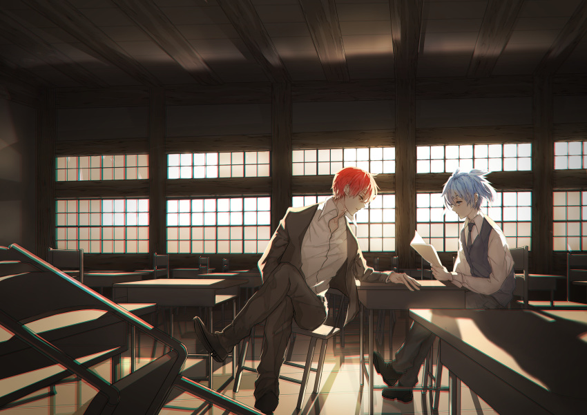 2boys, akabane_karma, ansatsu_kyoushitsu, backlighting, bangs, black_jacket, black_necktie, black_pants
