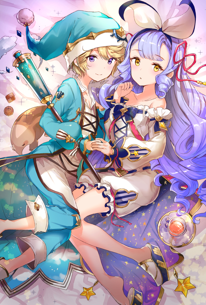 1boy, 1girl, :o, bangs, bare_shoulders, blonde_hair, blue_bow, blue_hair