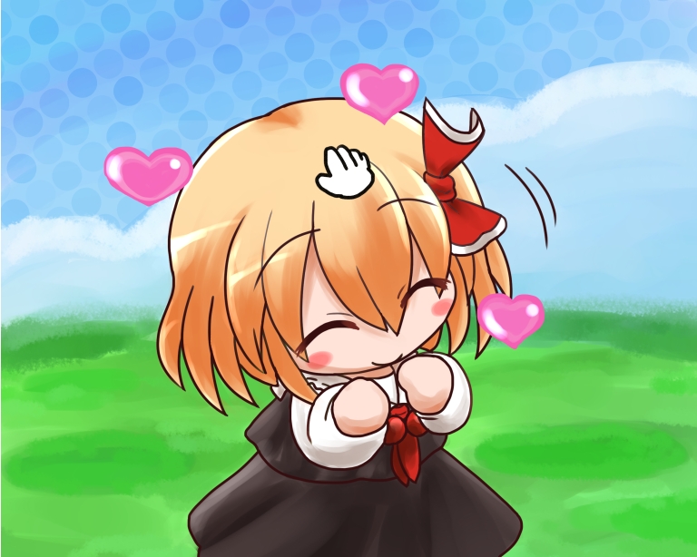1girl, blonde_hair, blush, hair_ribbon, heart, parody, petting, pokemon, pokemon-amie, pokemon_(game), pokemon_xy, ribbon, rokugou_daisuke, rumia, smile, solo, touhou