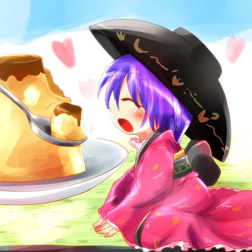 1girl, blush, bowl, bowl_hat, closed_eyes, feeding, food, from_side