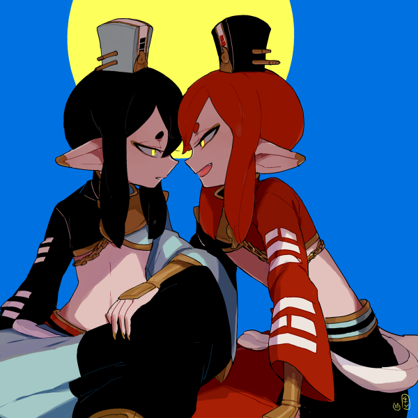 2boys, black_hair, blue_background, l_hakase, long_hair, long_nails, long_sleeves, male_focus