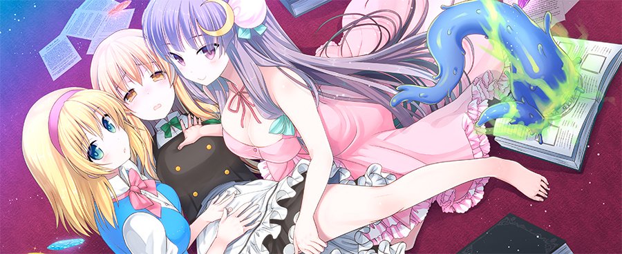 3girls, :>, :o, alice_margatroid, apron, barefoot, blush, book