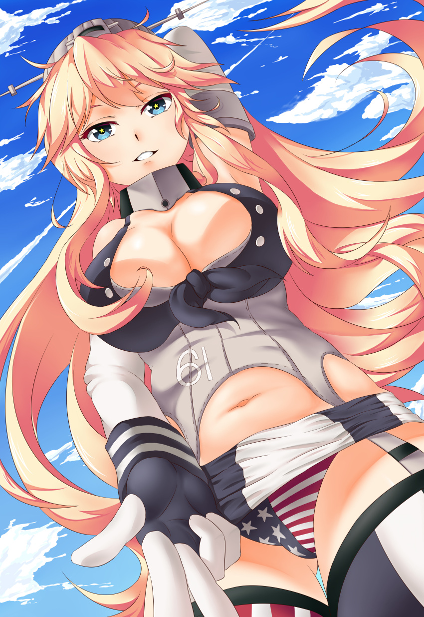 1girl, absurdres, american_flag_panties, arm_behind_head, armpits, blonde_hair, blue_eyes, blue_sky
