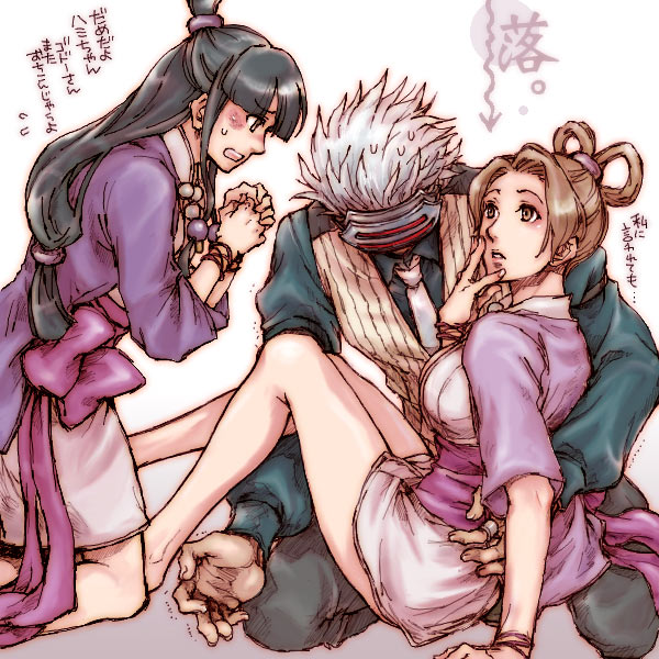 ayasato_harumi, ayasato_mayoi, barefoot, black_hair, brown_hair, carrying, godot, gyakuten_saiban