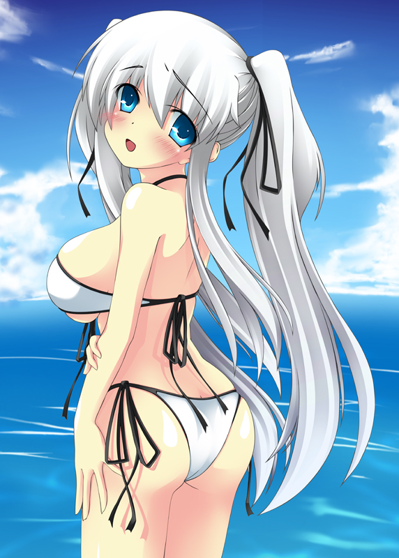 ass, bikini, blue_eyes, blush, breasts, butt_crack, front-tie_top, hair_ribbon