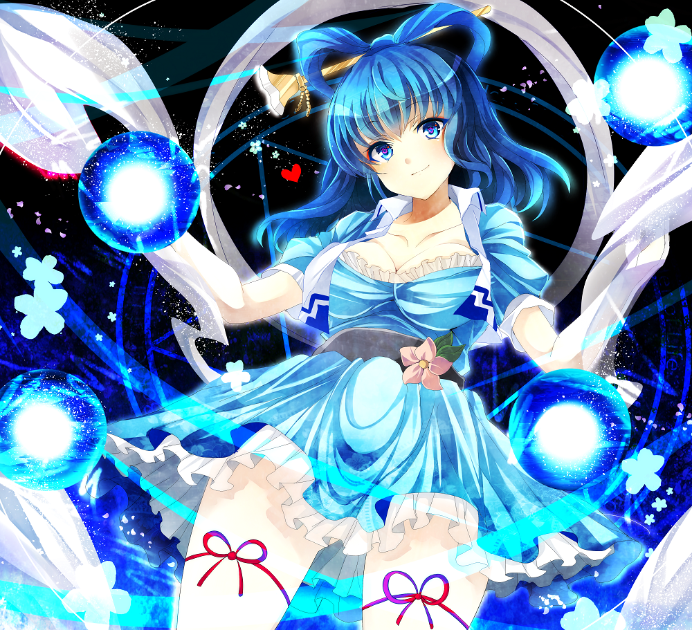 1girl, belt, blue_dress, blue_eyes, blue_hair, breasts, cleavage, danmaku