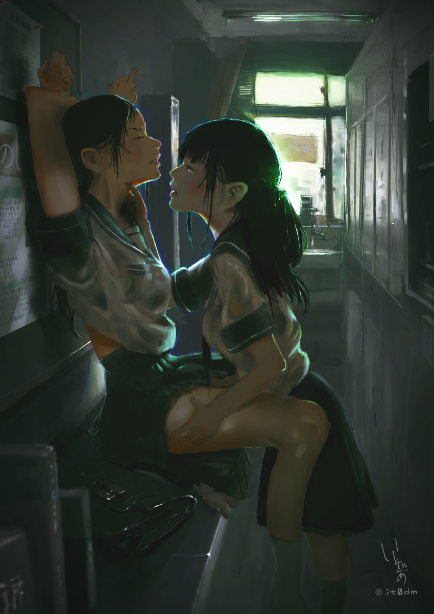 2girls, absurdres, arms_up, bag, black_hair, board, book, closed_eyes