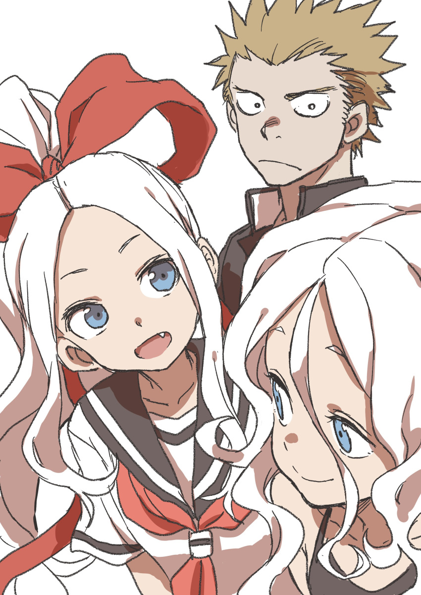1boy, 2girls, absurdres, blue_eyes, collarbone, commentary_request, dual_persona, eyebrows