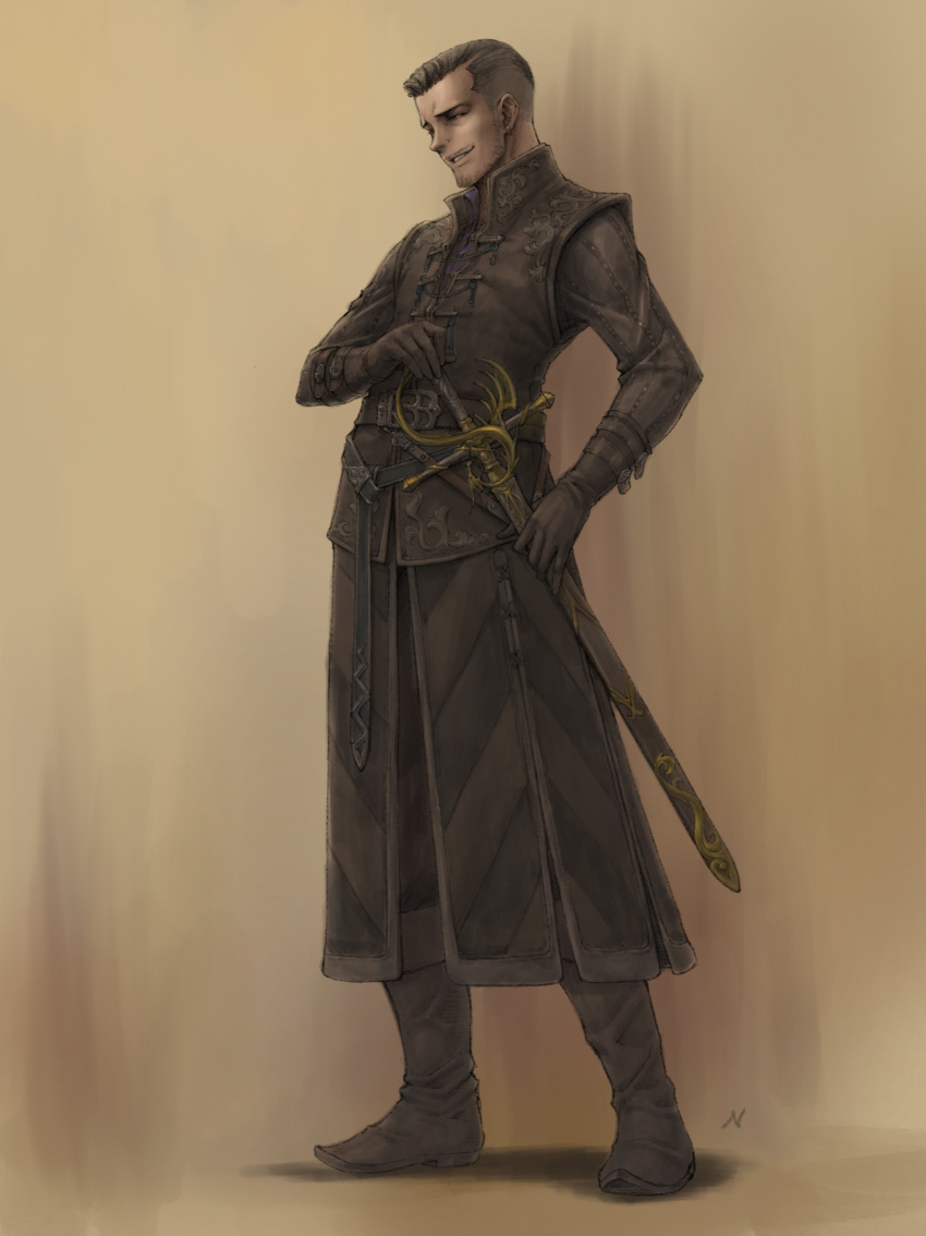 1boy, absurdres, beard, belt, black_hair, boots, brown_boots, brown_gloves, coat, earrings, facial_hair, full_body, gloves, highres, jewelry, male_focus, mustache, nishi, original, rapier, sheath, sheathed, signature, smile, solo, sword, weapon
