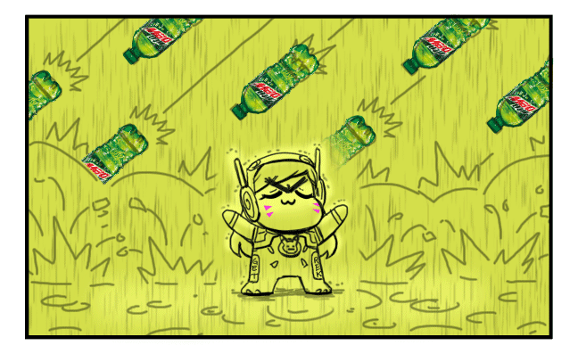 >:3, 1girl, :3, alpha_gamboa, animated, animated_gif, black_border, border, bottle, candy, chibi, closed_eyes, d.va_(gremlin), d.va_(overwatch), eyebrows, eyelashes, facial_mark, headset, lollipop, long_hair, mountain_dew, outstretched_arms, overwatch, pilot_suit, rain, smile, solo, swirl_lollipop, wet, whisker_markings