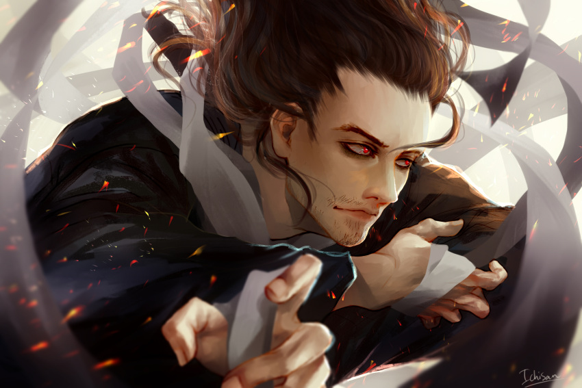 1boy, aizawa_shouta, artist_name, boku_no_hero_academia, brown_hair, commentary_request, facial_hair, highres, ichisan, long_hair, looking_to_the_side, male_focus, red_eyes, scarf, solo, stubble