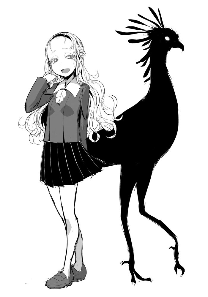1girl, bird, ken_(koala), long_hair, looking_at_viewer, monochrome, open_mouth, original