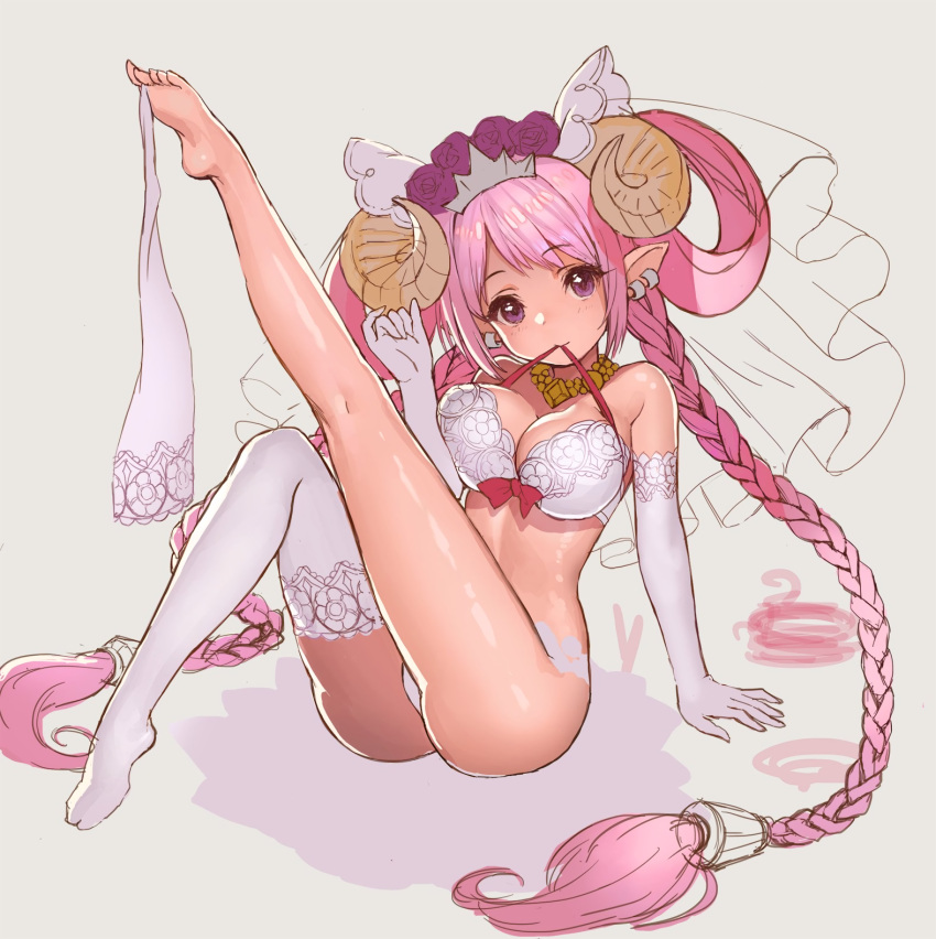 1girl, arm_support, baby-doll, bra, braid, breasts, cleavage, copyright_request