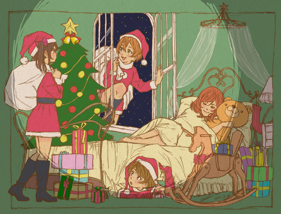 4girls, bed, black_hair, brown_hair, christmas_tree, closed_eyes, dress, gift