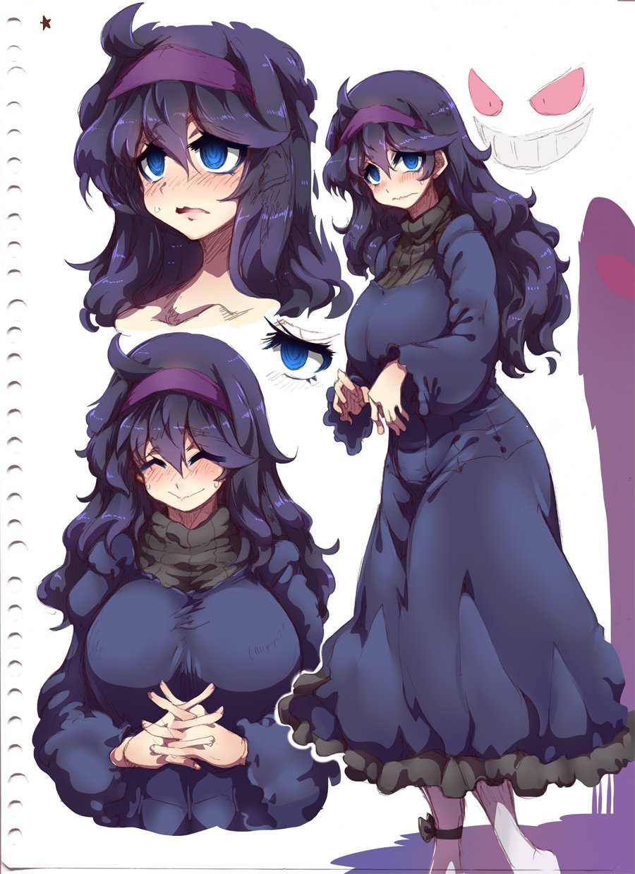 1girl, ahoge, ankle_ribbon, bags_under_eyes, breasts, dress, gengar, hairband, hex_maniac_(pokemon), highres, large_breasts, long_hair, messy_hair, npc, pokemon, pokemon_(game), pokemon_xy, purple_hair, sketch, sweater, tokyo_(great_akuta), violet_eyes, wavy_mouth
