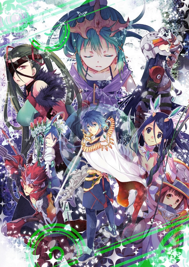 3boys, 5girls, akagi_toma, aoi_itsuki, armor, back, black_hair, blue_eyes