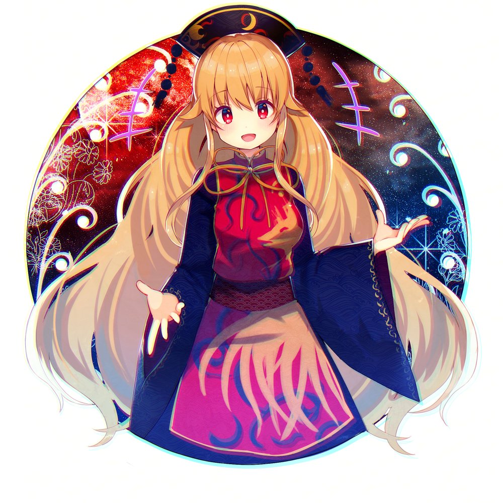 1girl, black_dress, blonde_hair, chinese_clothes, dress, hat, junko_(touhou), koto_seori