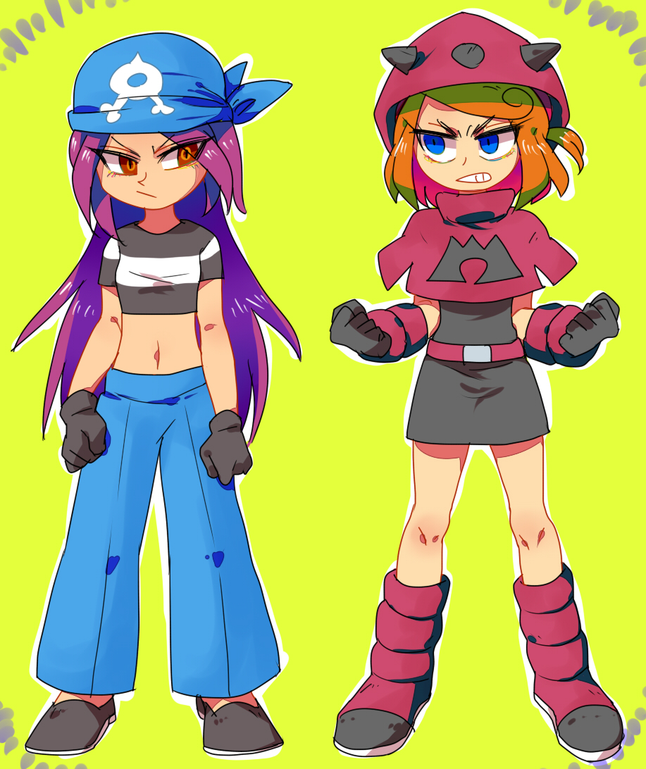 2girls, bandana, blue_eyes, clenched_hands, frown, full_body, furukawa_(yomawari), gloves