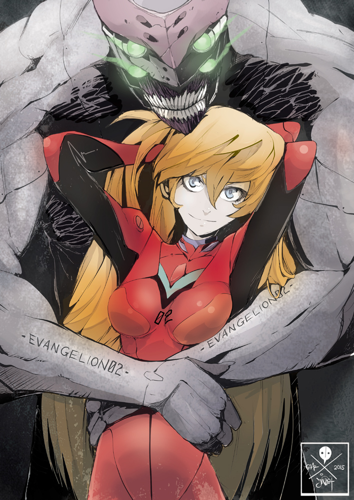 1girl, bodysuit, eva_02, hug, jinbei, looking_at_viewer, neon_genesis_evangelion, orange_hair