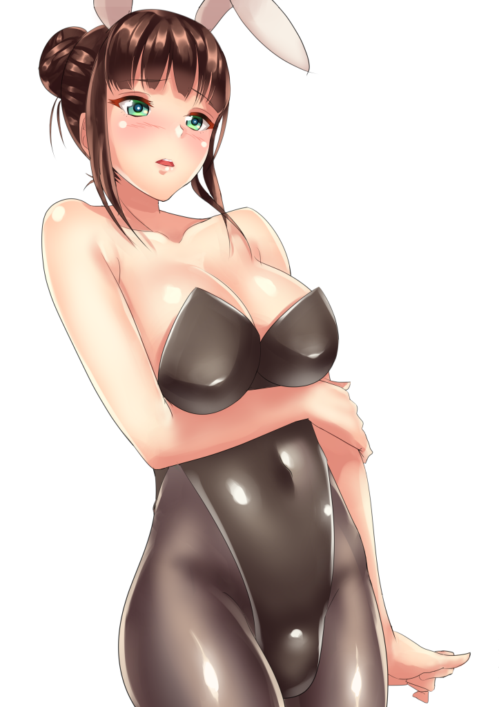 1girl, animal_ears, brown_hair, bunnysuit, green_eyes, hair_bun, hamaguchi_ayame, idolmaster