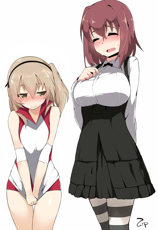 2girls, alternate_costume, arm_behind_back, artist_name, bangs, bare_shoulders, blush, breasts