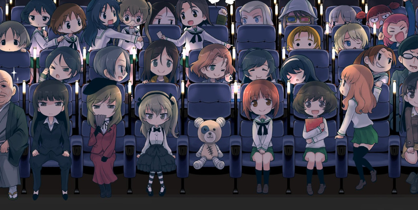 2boys, 3d_glasses, 6+girls, aki_(girls_und_panzer), akiyama_yukari, angry, azumi_(girls_und_panzer), black_hair